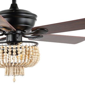 Opal 52" Farmhouse Rustic Wood Bead Shade LED Ceiling Fan With Remote - JONATHAN Y